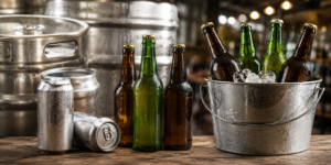 Cans, bottles and kegs on a table
